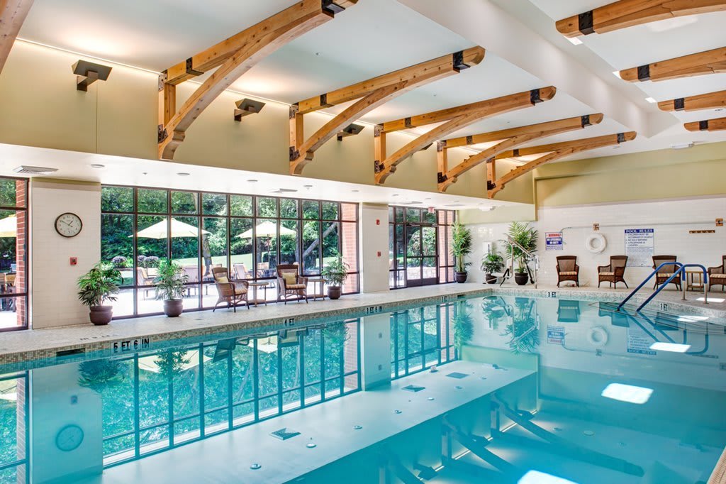 A modern indoor swimming pool with large glass windows and wooden beams, offering a relaxing environment.
