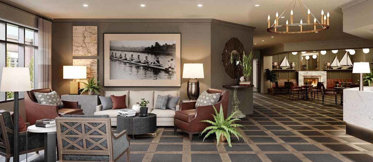 A cozy living room featuring a sofa, armchair, coffee table, large artwork on the wall, and decorative plants.