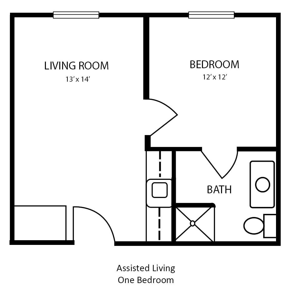 Floor plan of a one-bedroom assisted living apartment featuring a living room, bedroom, and bathroom.