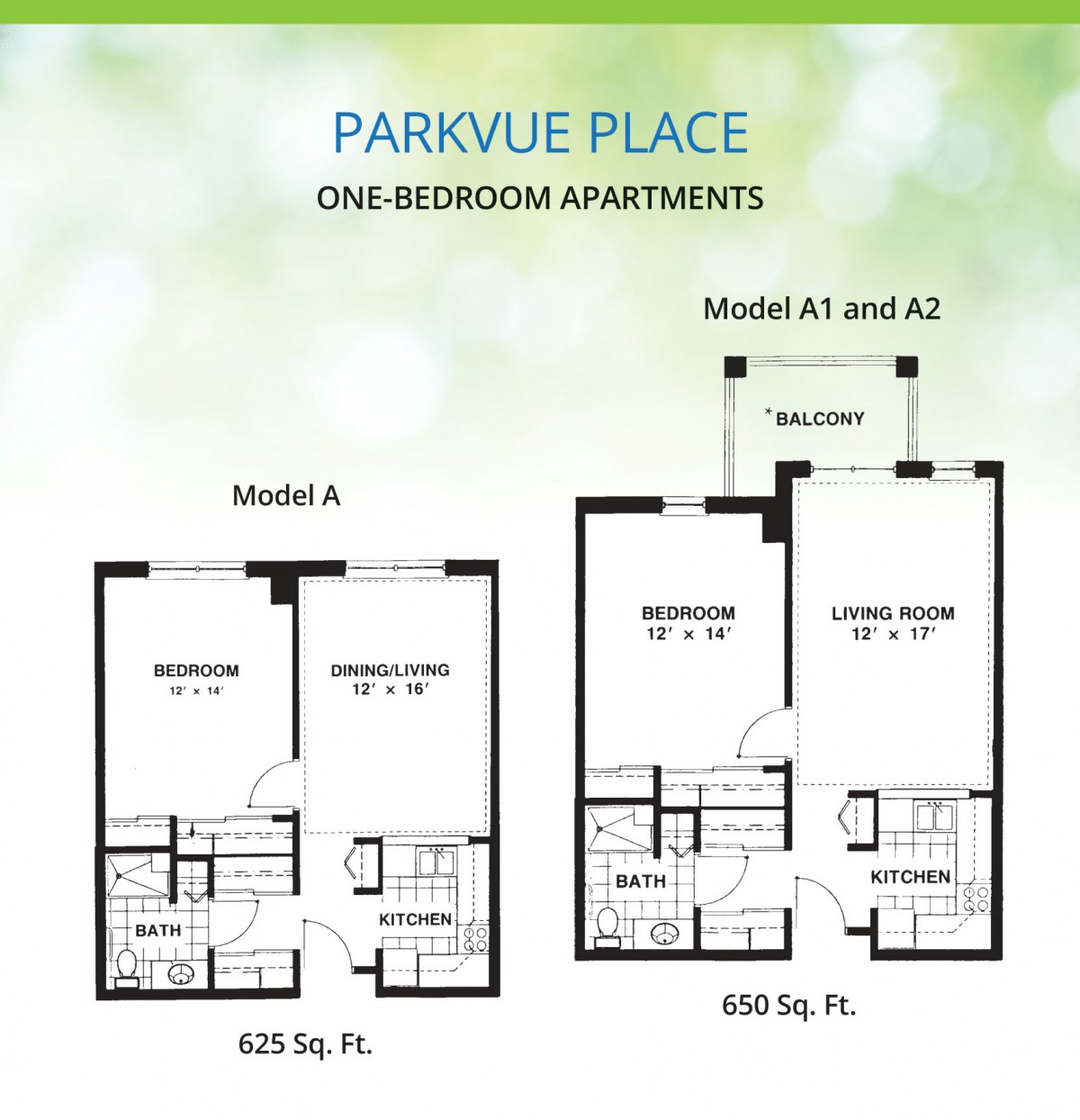 Floor plans for one-bedroom apartments at Parkvue Place, showcasing Models A and A1/A2.