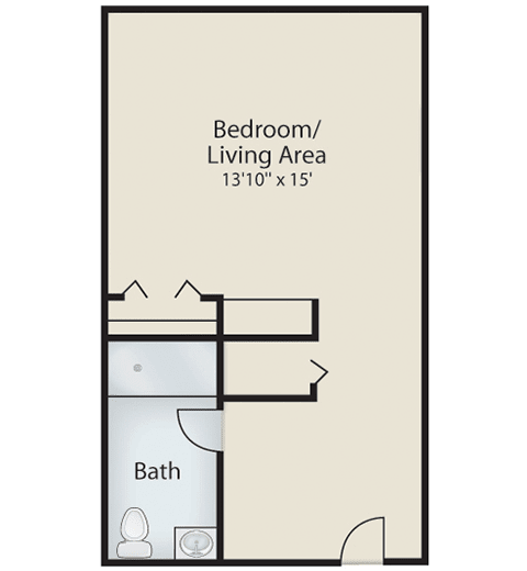 Studio apartment floor plan with a combined bedroom and living area, and adjacent bathroom.