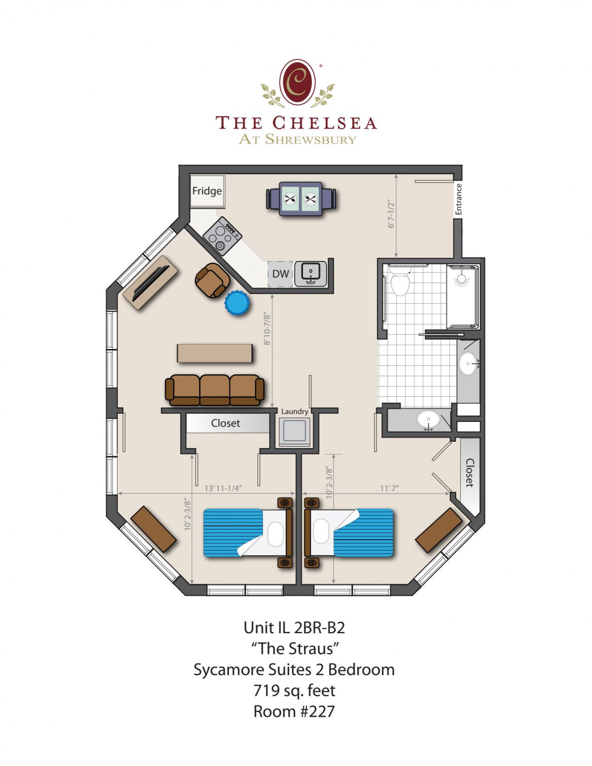 Floor plan of a two-bedroom, one-bathroom apartment at The Chelsea.