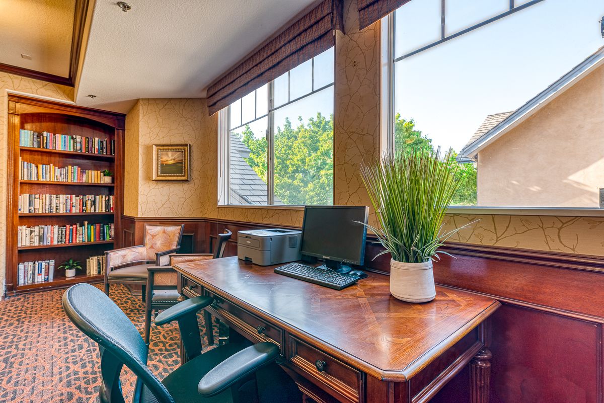 A well-lit home office with a wooden desk, computer, and a potted plant near a large window.