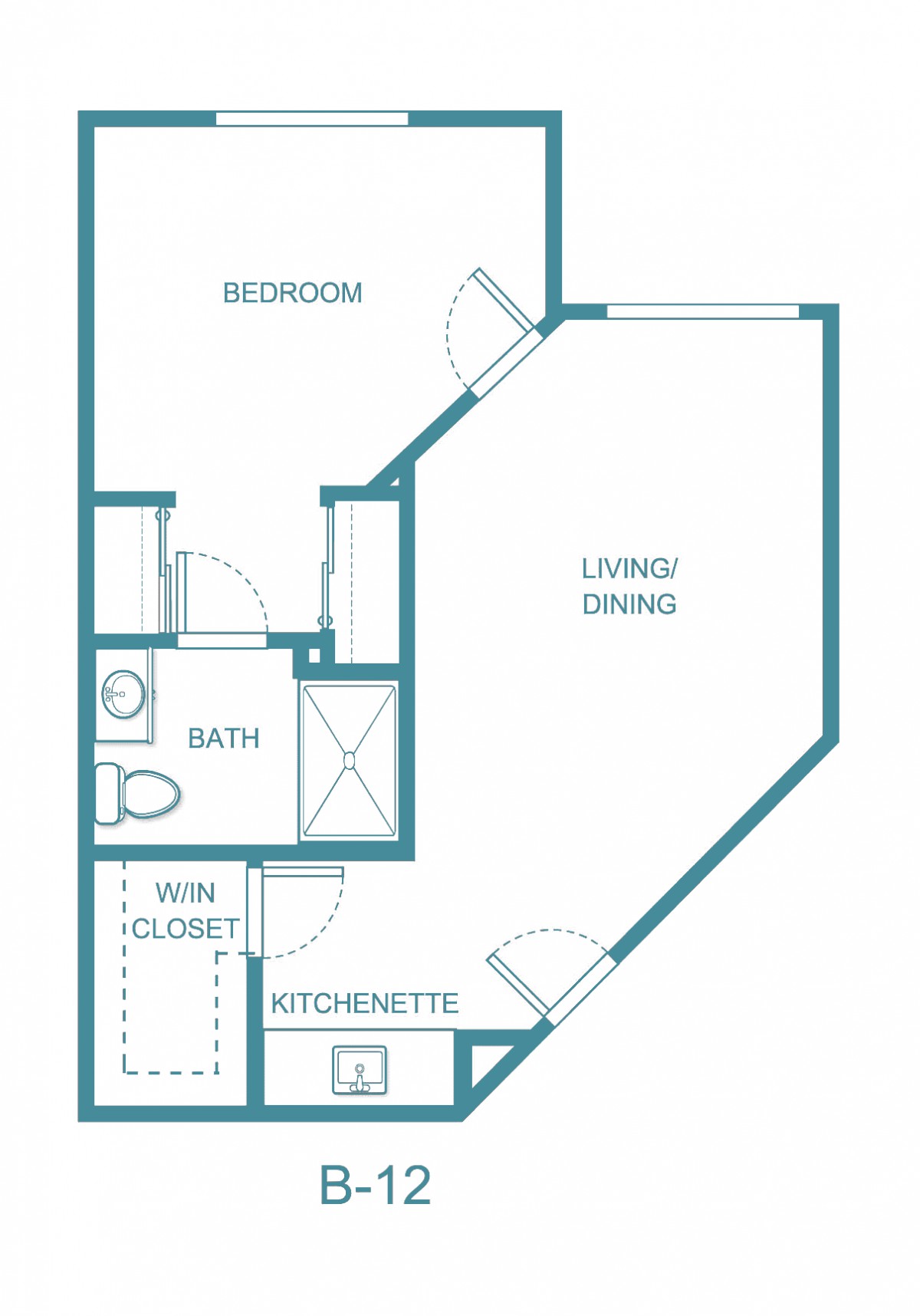 A floor plan of a studio apartment featuring a bedroom, bath, closet, kitchenette, and living/dining area.