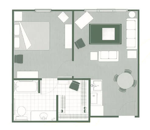 This image depicts a simple floor plan of an apartment with a bedroom, living room, kitchen, and bathroom.