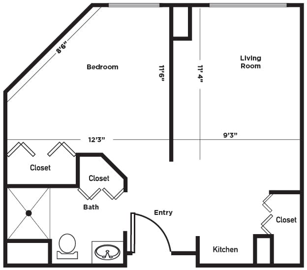 A floor plan of a one-bedroom apartment with labeled rooms including a living room, bedroom, kitchen, and bathroom.