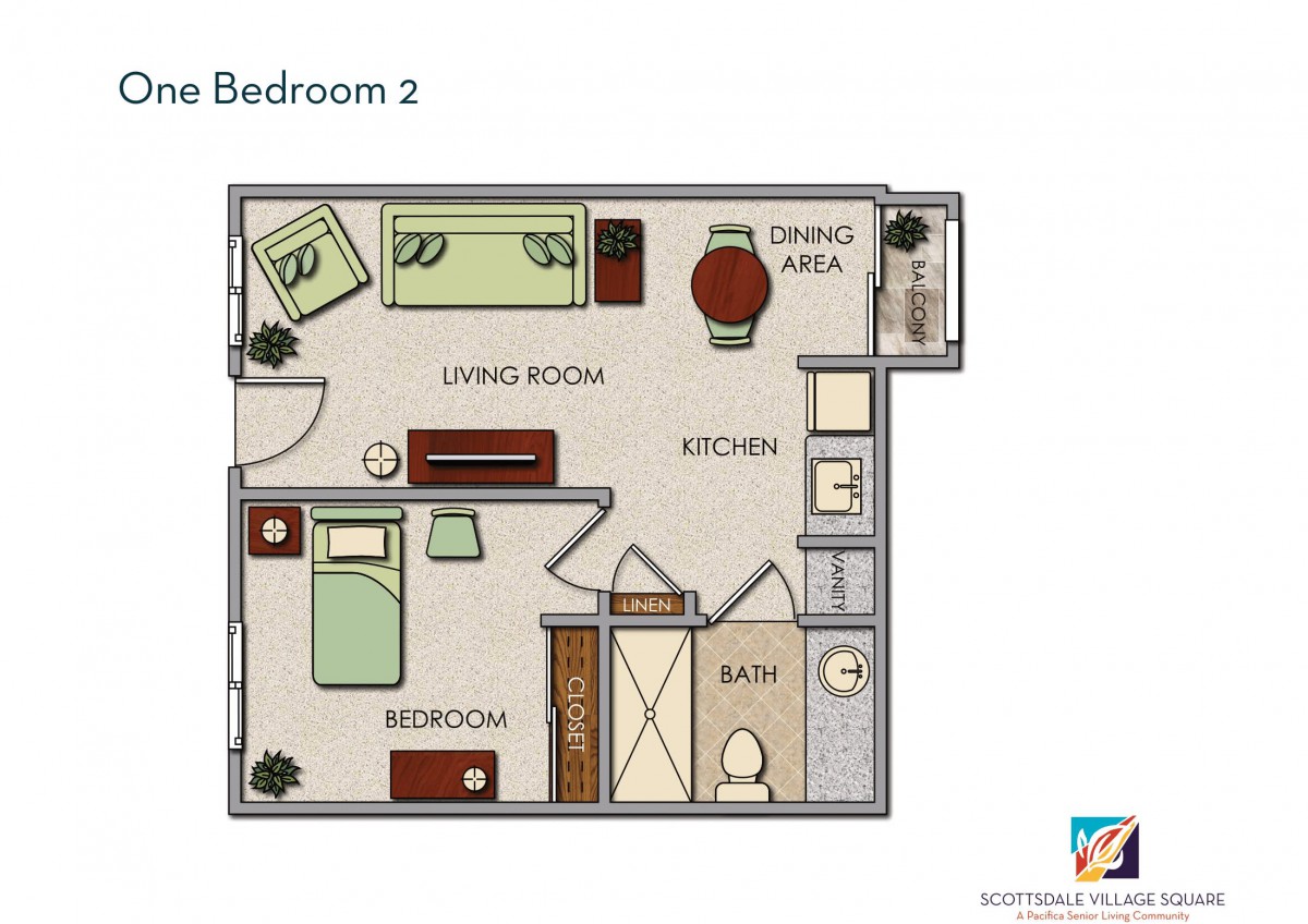 A floor plan of a one-bedroom apartment featuring a living room, kitchen, and bathroom.