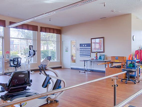 A spacious gym equipped with exercise machines and large windows.