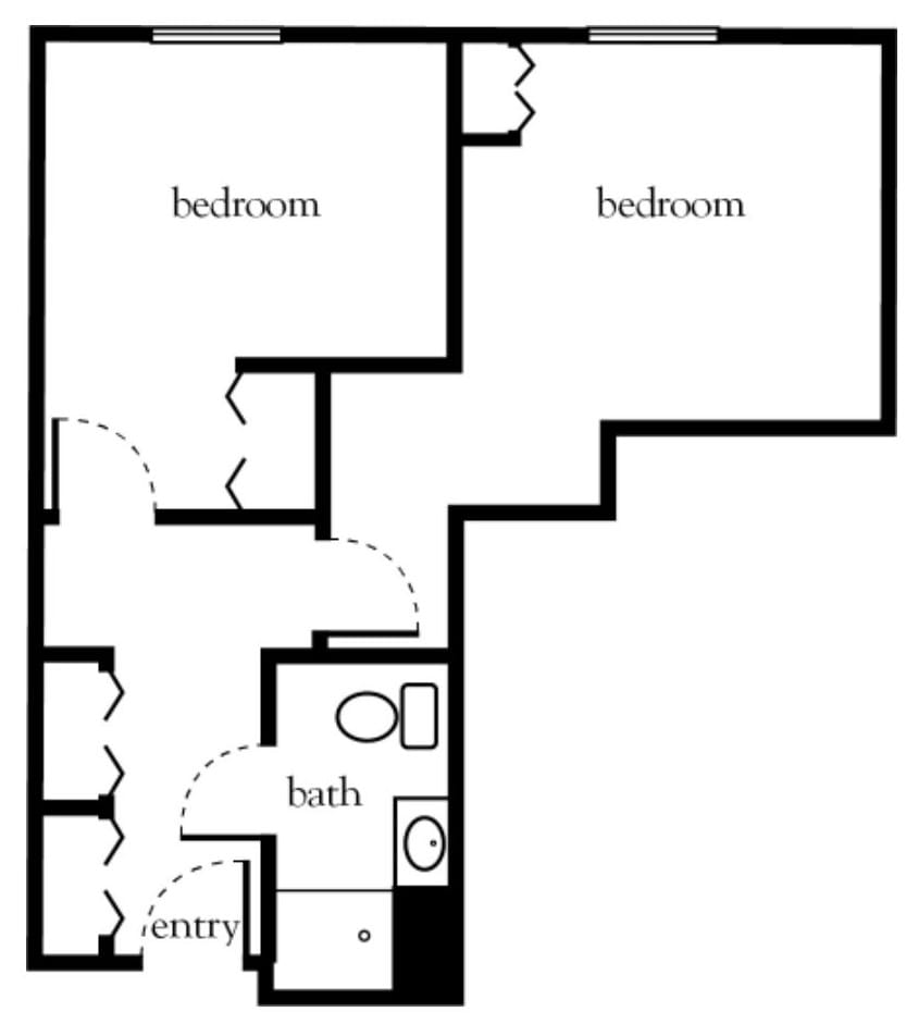 A floor plan layout of a two-bedroom apartment featuring a living space, kitchen, and bathroom.