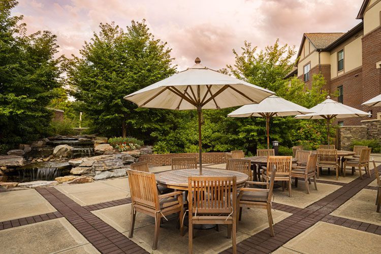 A cozy outdoor patio with wooden furniture and umbrellas surrounded by lush greenery.