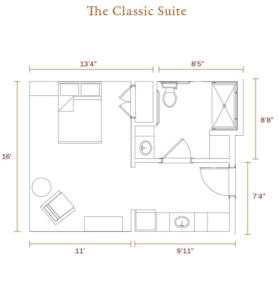 A detailed floor plan of a classic suite, featuring a bedroom, sitting area, and bathroom.