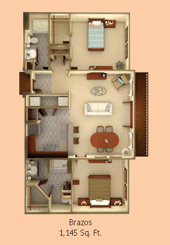 A detailed floor plan of a two-bedroom apartment with a living room, kitchen, and two bathrooms.