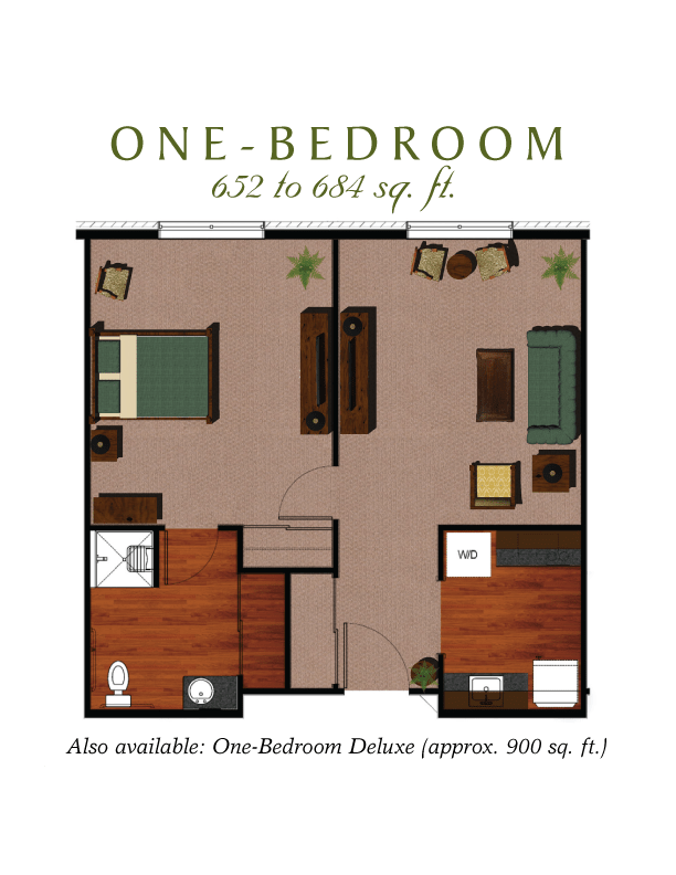 One-bedroom apartment floor plan showing layout and approximate square footage.