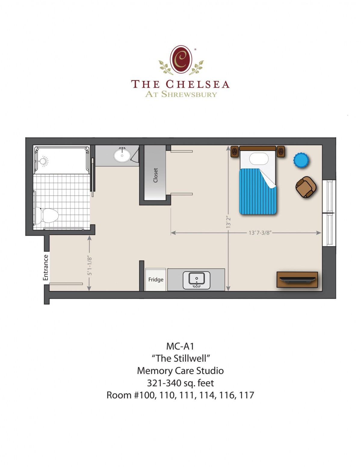 A floor plan of 'The Stiffel' memory care studio at The Chelsea, featuring a room layout with dimensions ranging from 323 to 365 square feet.