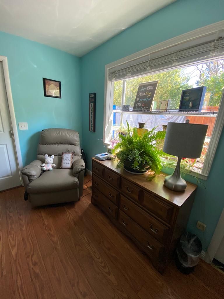 Cozy living room corner with an armchair and a window-side dresser.