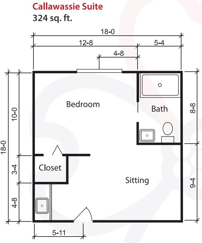 A floor plan showing a small apartment with a bedroom, bathroom, closet, and sitting area.