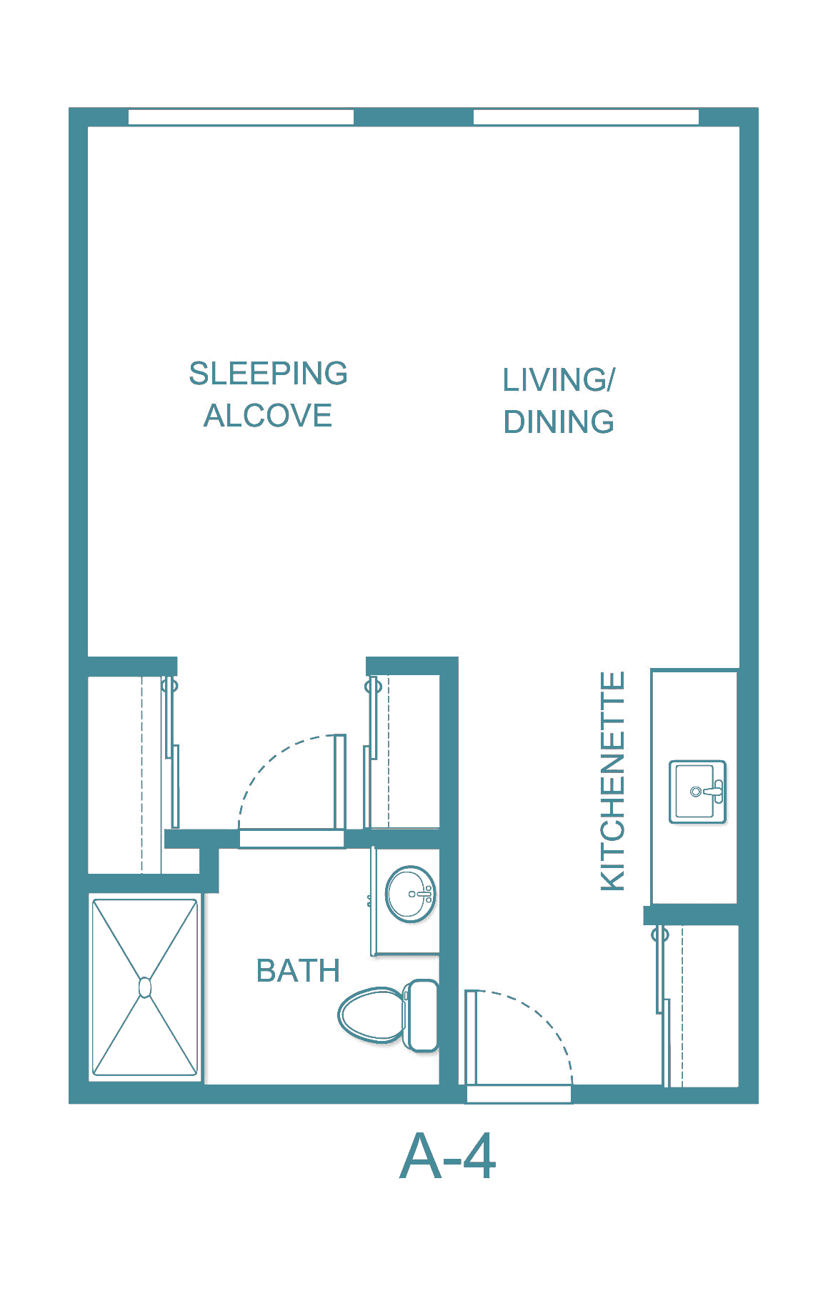 A floor plan of a studio apartment with designated areas for sleeping, living/dining, kitchenette, and bath.