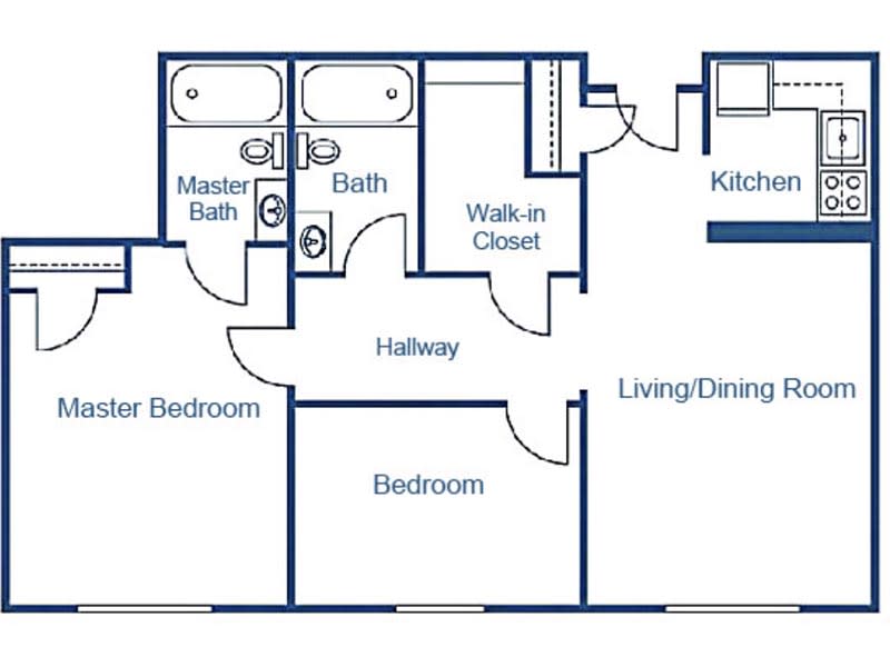 A floor plan of an apartment showing two bedrooms, a master bath, additional bathroom, walk-in closet, hallway, kitchen, and living/dining area.