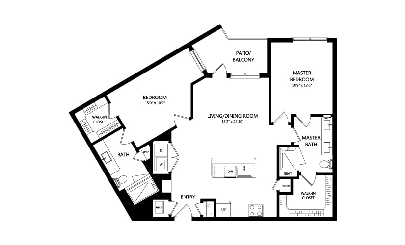 A detailed floor plan of a two-bedroom apartment, including a kitchen, living/dining room, and bathrooms.