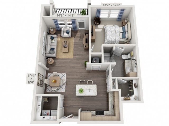 A detailed floor plan of a one-bedroom apartment featuring a living room, kitchen, dining area, balcony, and bathroom.