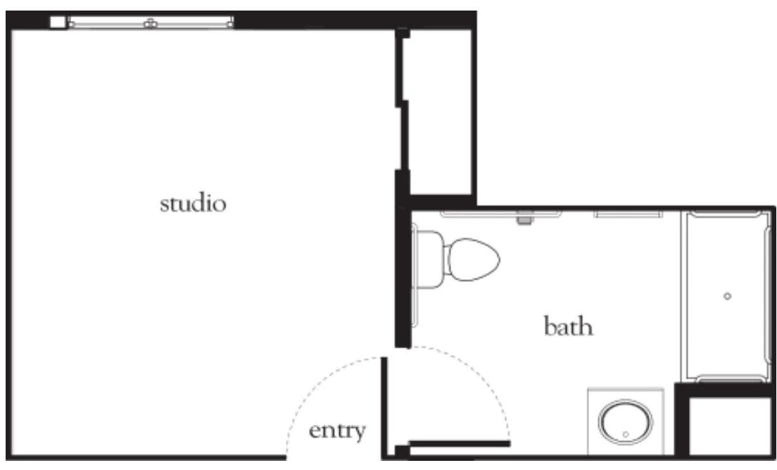 A floor plan of a studio apartment featuring an entry, studio area, and bathroom.