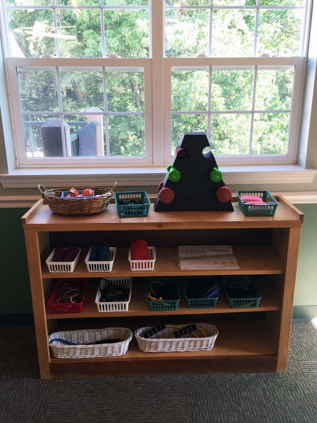 A neatly organized classroom shelf with educational materials and baskets in front of a sunny window.