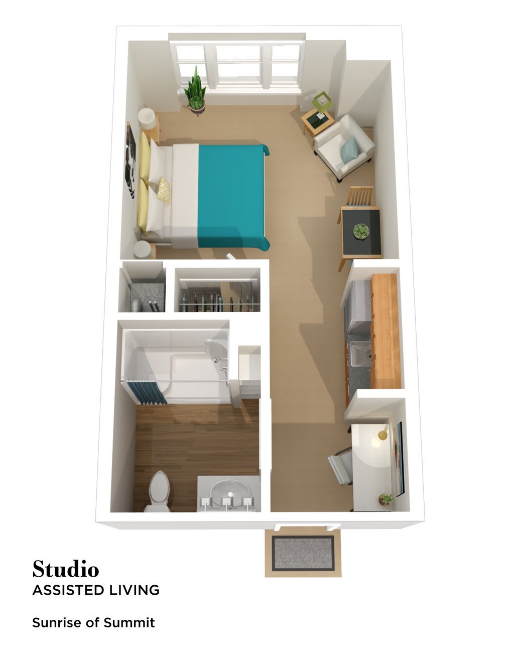 A floor plan of a compact studio apartment with a bed, bathroom, kitchen area, and small seating space.