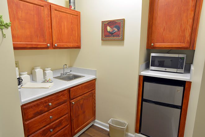 A compact kitchen area featuring wooden cabinets, a small sink, a microwave, and a mini fridge.