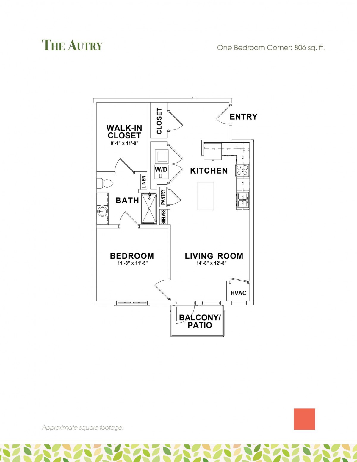A floor plan of a one-bedroom apartment, featuring a kitchen, living room, bathroom, and balcony or patio.