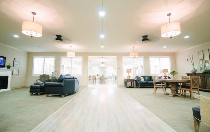 A spacious and modern living room with ample seating and lighting.