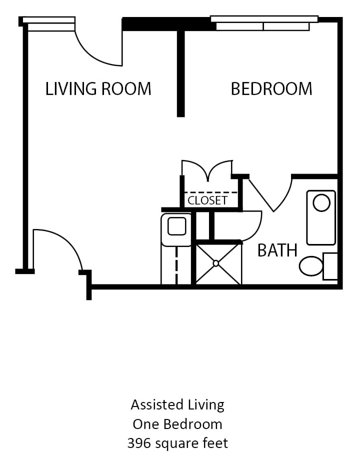 This image shows a floor plan for an assisted living apartment with a living room, bedroom, bathroom, and closet.