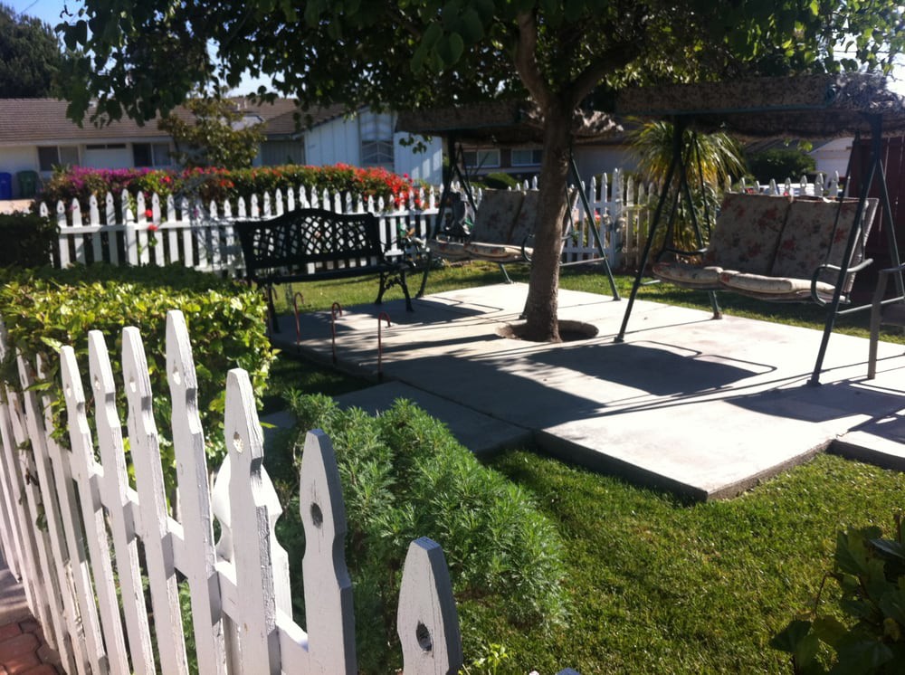 A sunny garden with a bench, swing, and picket fence.