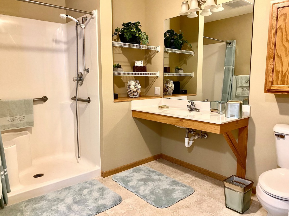 A modern bathroom with a walk-in shower, spacious vanity, and open shelving.