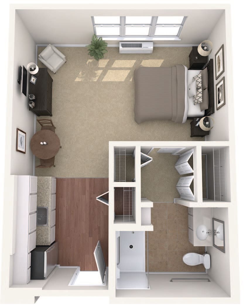 A top-down view of a one-bedroom apartment floor plan with labeled rooms and furniture placement.