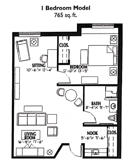 Floor plan of a one-bedroom apartment with designated living, dining, and nook areas.