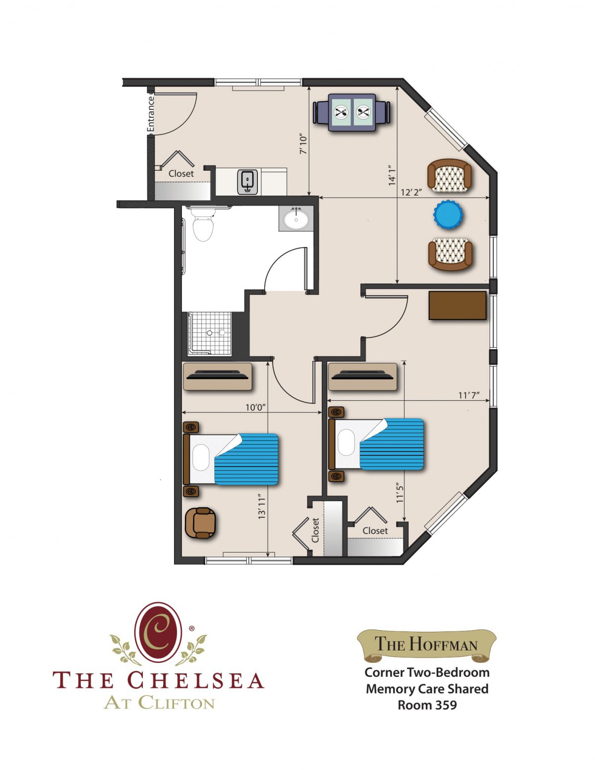 A detailed floor plan of a two-bedroom apartment with living and kitchen areas.