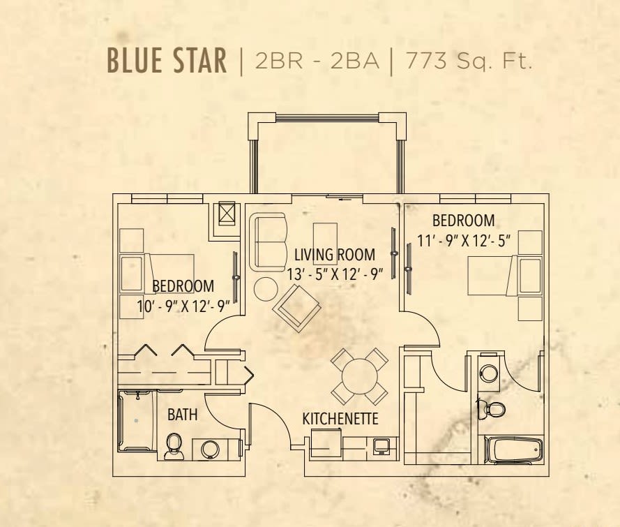 A floor plan for a Blue Star apartment with two bedrooms, a living room, and a kitchenette spanning 775 square feet.