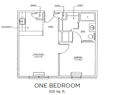 A floor plan of a one-bedroom apartment measuring 525 square feet.