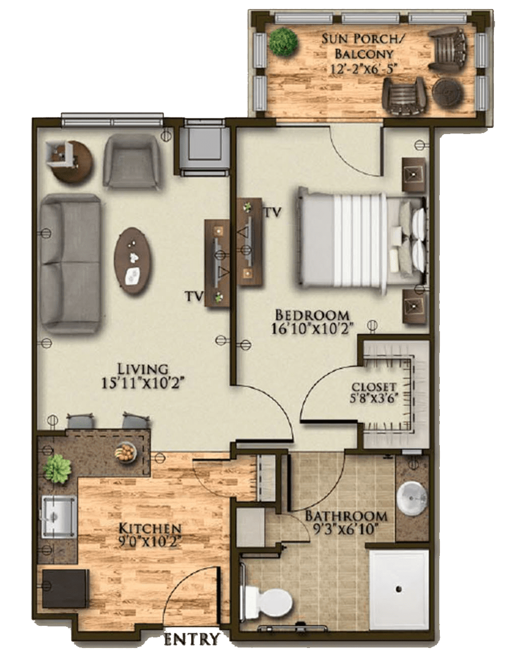 A floor plan of a one-bedroom apartment featuring a living room, kitchen, and bathroom.