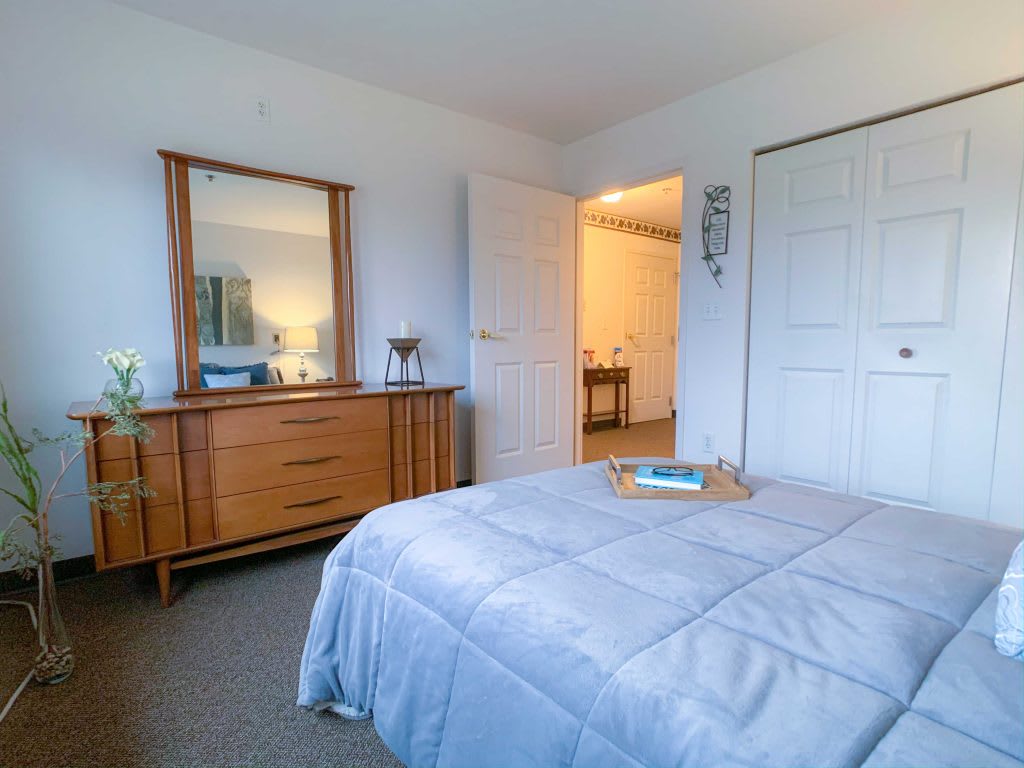 A cozy bedroom with a dresser, mirror, and neatly made bed.