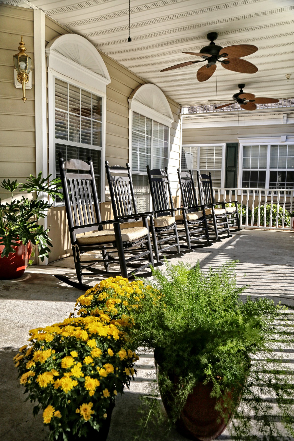 A cozy front porch with several rocking chairs lined up, surrounded by potted plants and flowers.