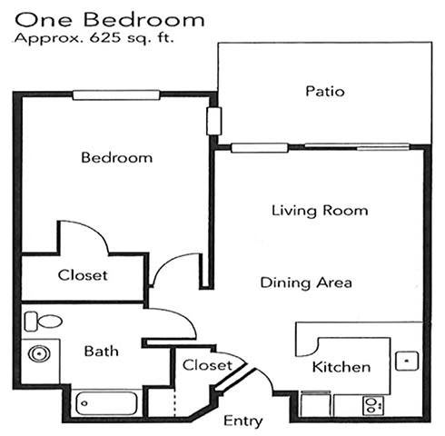 One-bedroom apartment floor plan approximately 625 square feet.