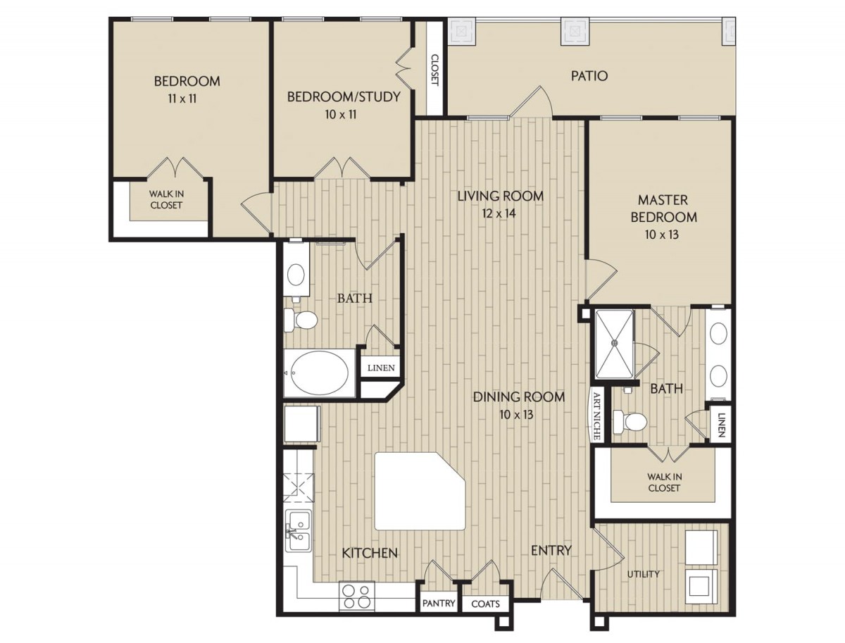 A floor plan showing the layout of a residential space, including bedrooms, bathrooms, kitchen, and living areas.