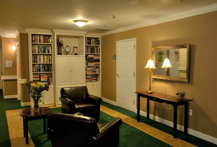 A cozy living room with leather chairs, bookshelves filled with books, a mirror above a wooden console table, and soft lighting.