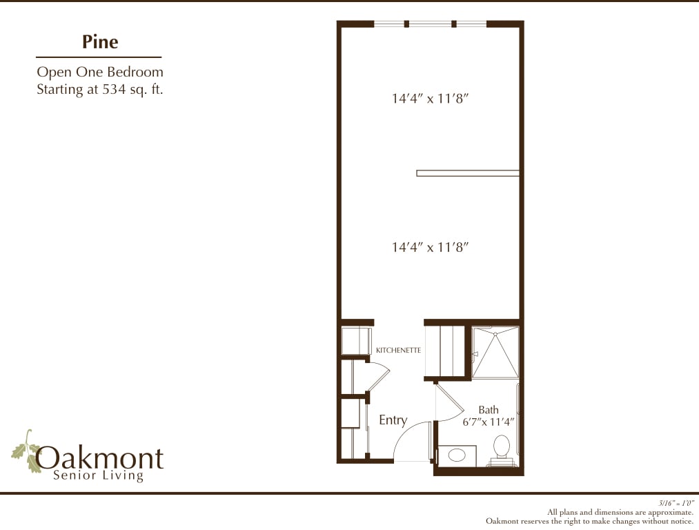 Floor plan of a studio apartment with dimensions and layout details.
