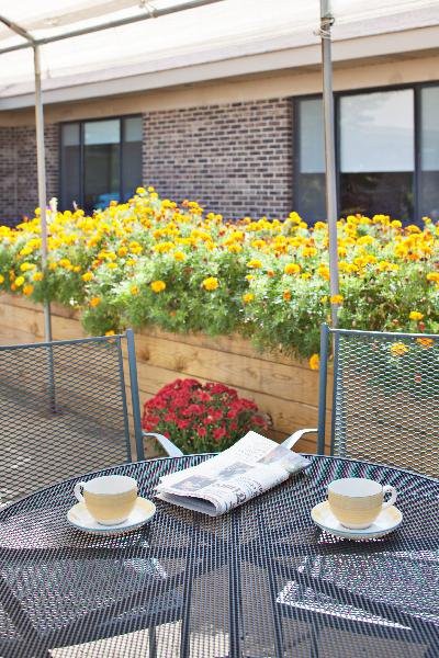 A cozy outdoor seating area with two teacups on a metal table and vibrant flowers in the background.