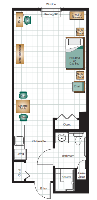 A floor plan featuring a small residence with a twin bed, desk, chair, wardrobe, kitchenette, and bathroom.