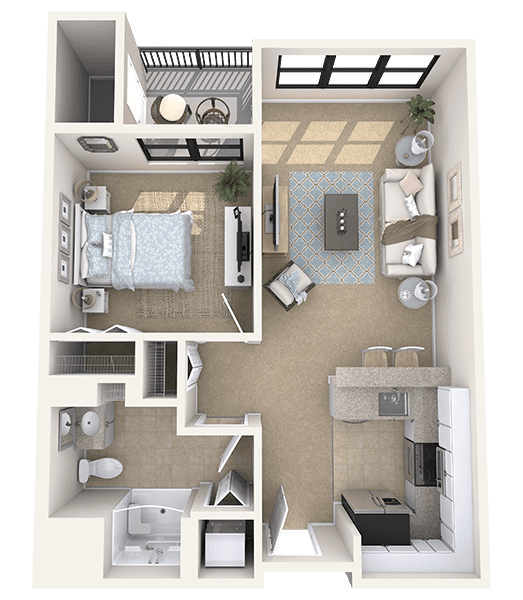 A detailed floor plan of a one-bedroom apartment featuring an open concept living room and kitchen.