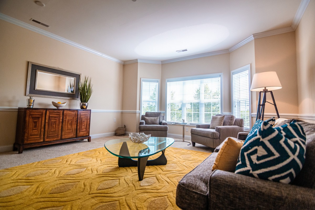 A cozy living room with natural light, featuring a stylish coffee table, comfortable sofas, and a vibrant yellow rug.