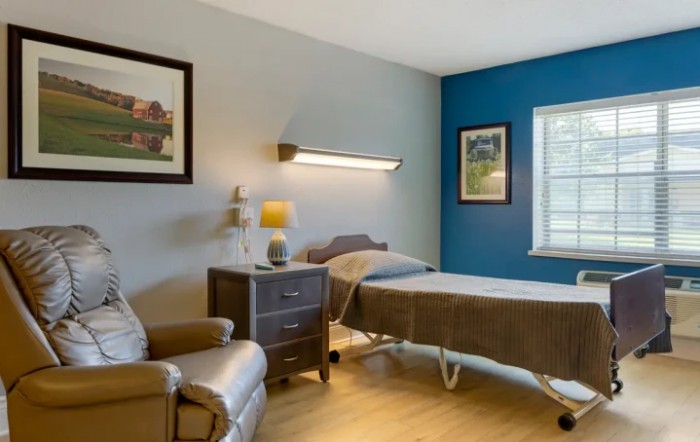 A cozy hospital room featuring a bed, armchair, and bedside table with a lamp, adorned with paintings on the walls.